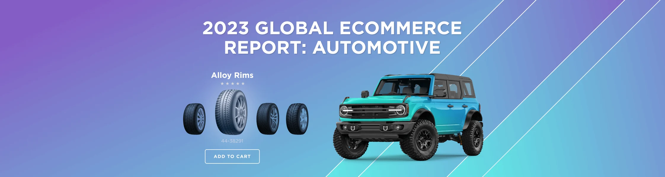 Blue SUV and four alloy rims on a purple-blue gradient background with "2023 Global Ecommerce Report: Automotive" text.