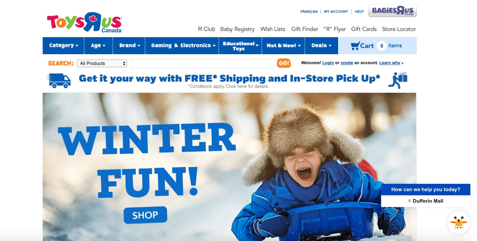 Toys R Us Canada Homepage - Young child on a snow sled with the text "Winter Fun! Shop"
