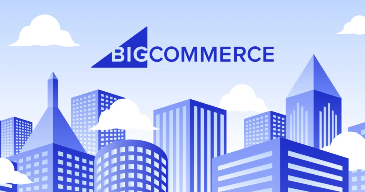 BigCommerce logo over a stylized blue 3D cityscape with clouds.