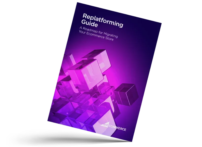 Purple cover of "Replatforming Guide" with 3D cubes and white text, published by BigCommerce.
