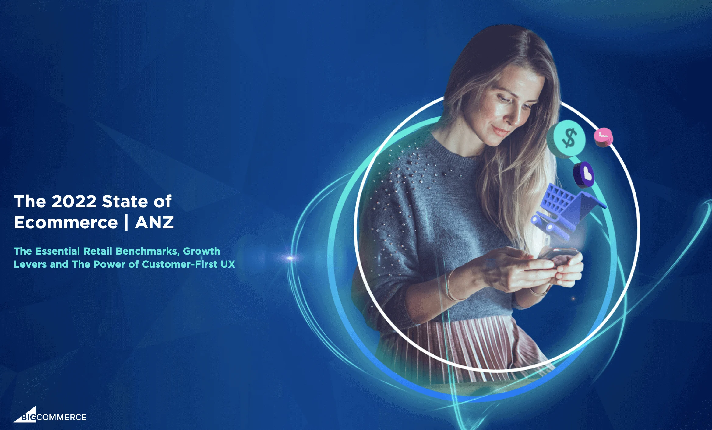 Woman using smartphone with digital shopping cart icons, on a blue background with ecommerce report text.