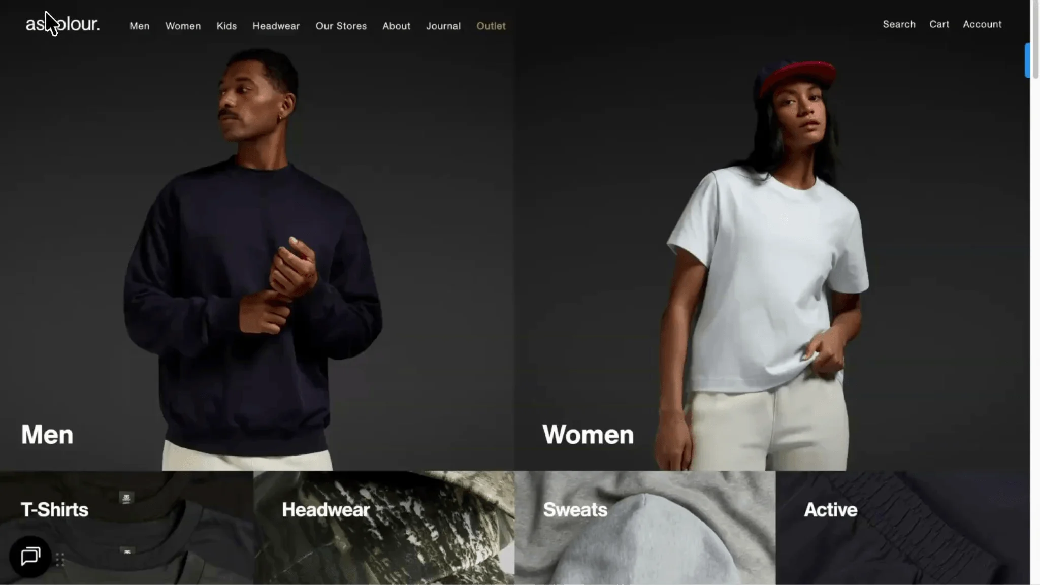 A screenshot of AS Colour's website, showcasing men and women shopping options.