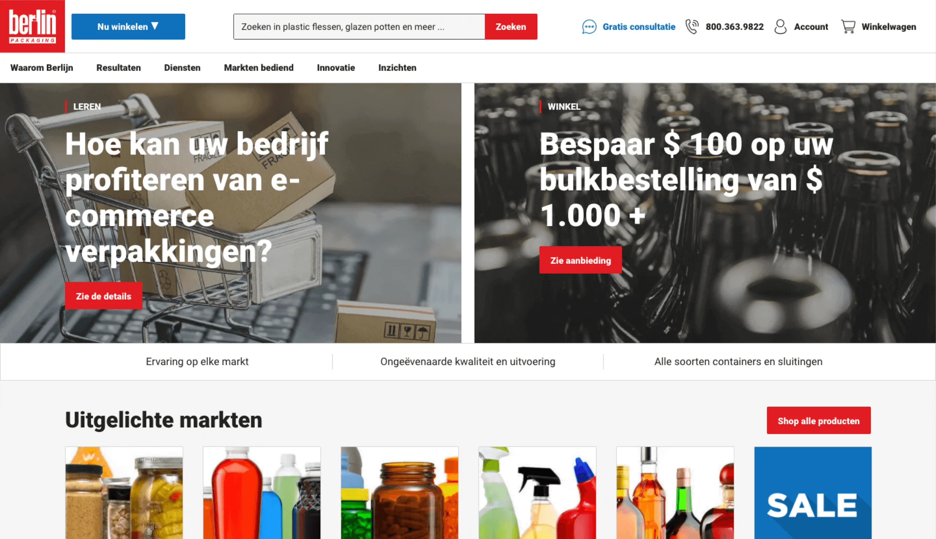 Website homepage with a shopping cart of boxes, glass bottles, product categories, and Dutch promotional text.