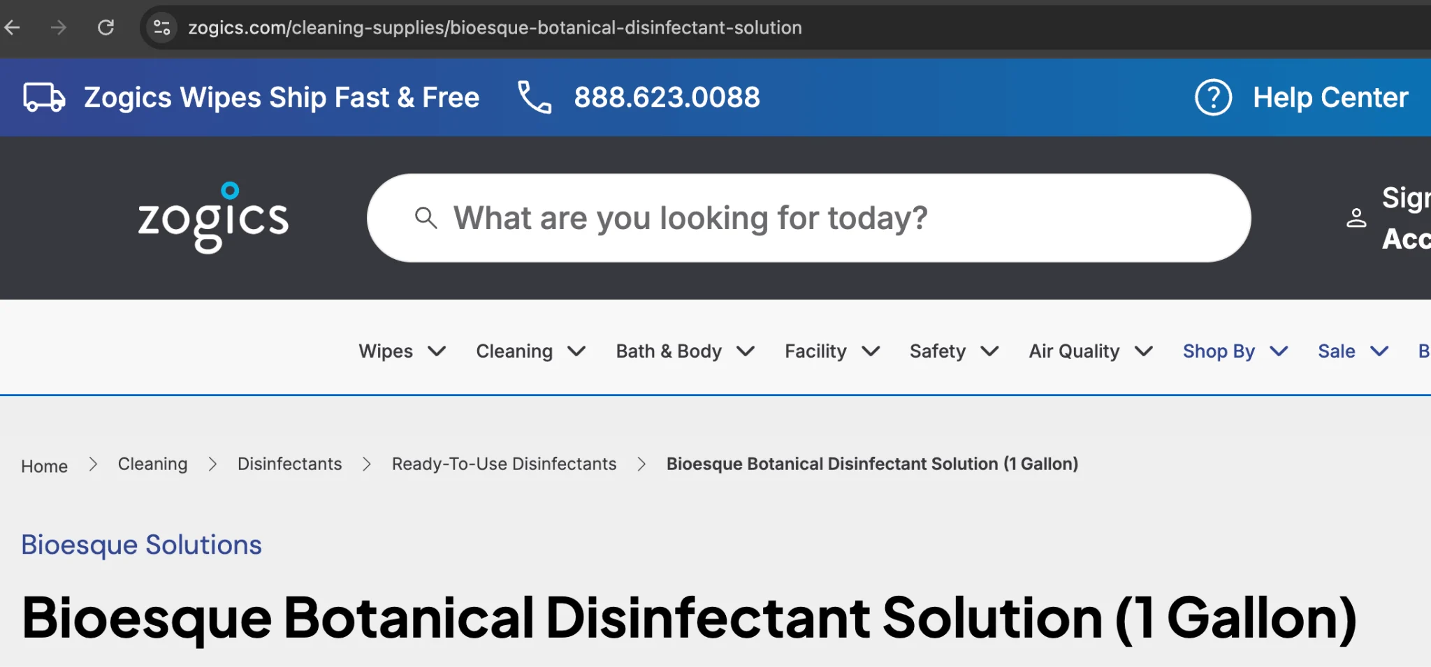 Zogics website header with blue banner showing fast shipping, phone number, and search bar for cleaning supplies.