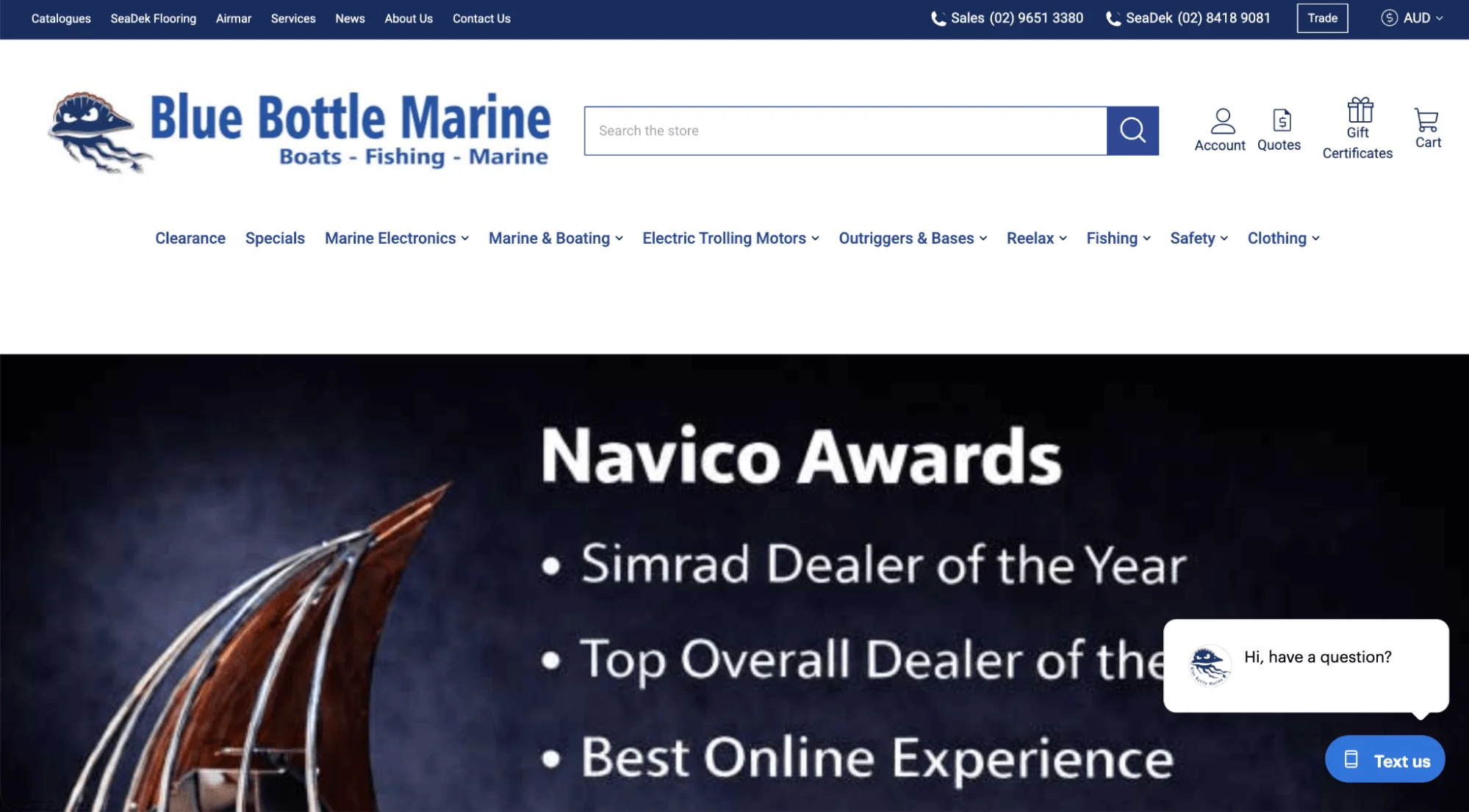 Blue Bottle Marine homepage featuring Navico Awards including Simrad Dealer of the Year and Best Online Experience.