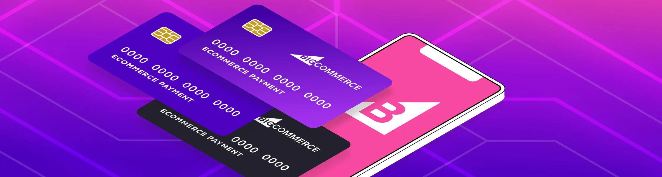 Isometric view of three payment cards labeled eCommerce Payment next to a pink smartphone on a purple grid background.