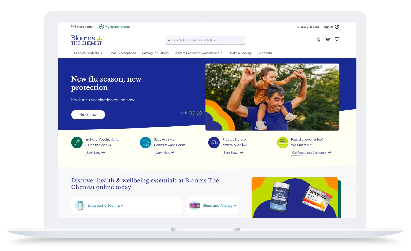 Blooms The Chemist website homepage displayed on a laptop showing flu vaccination promotion and health services.