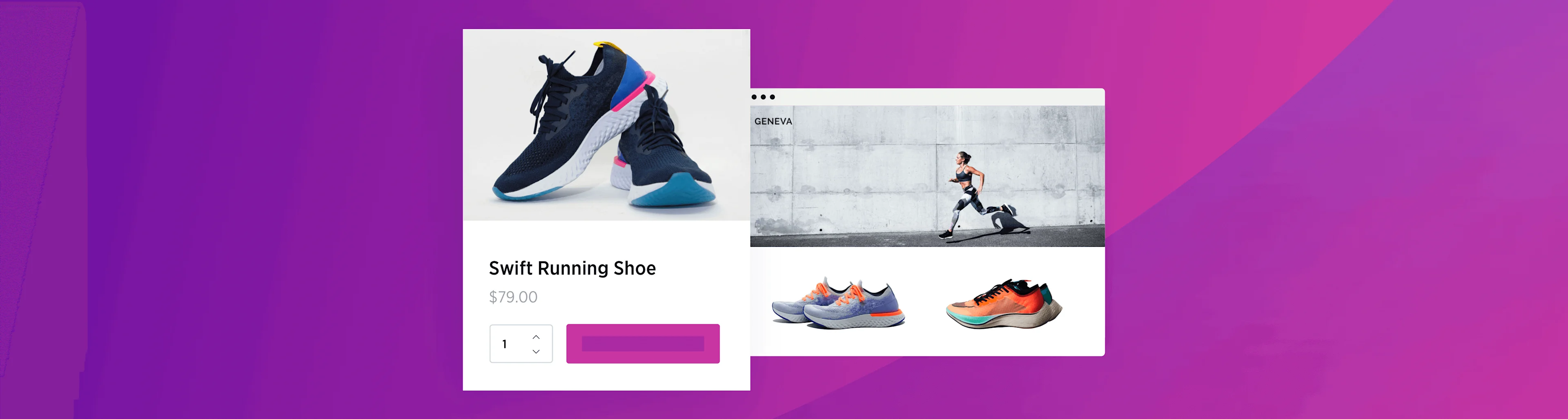 Online store interface showing running shoes, a woman running, and a purple gradient background.