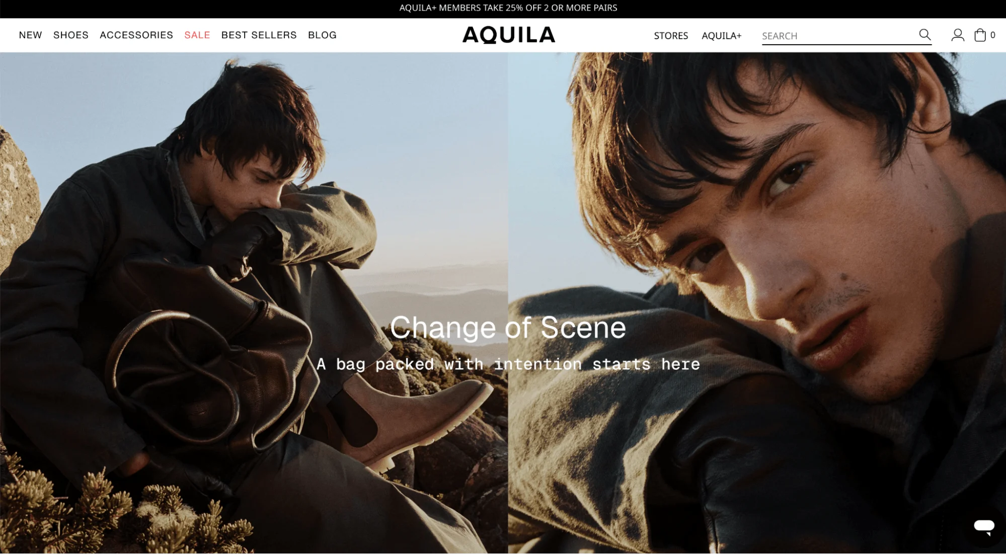 Aquila homepage hero featuring "Change of Scene" campaign with a leather bag and tan boots.