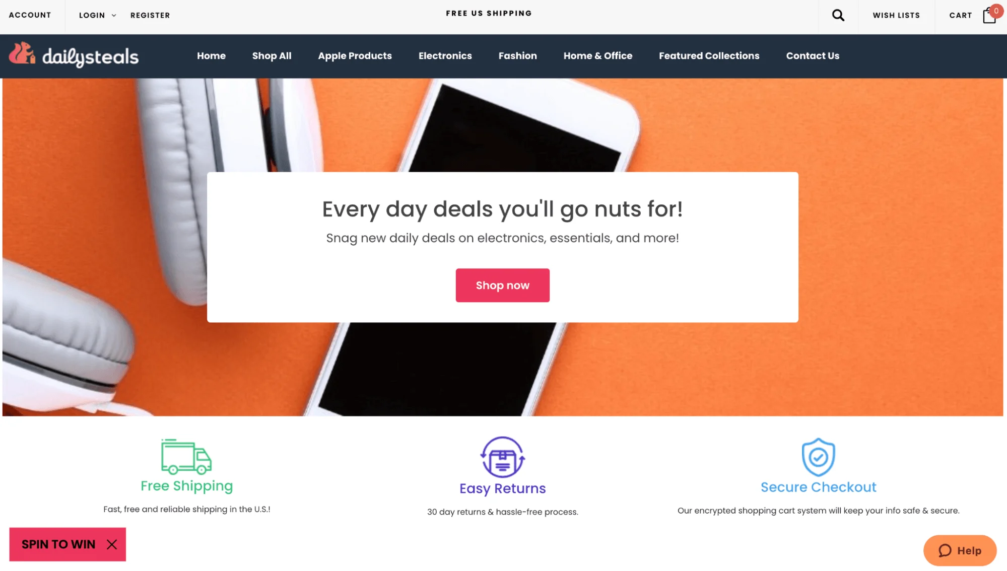 White headphones and a smartphone on an orange background with a promo for daily deals and a pink Shop now button.