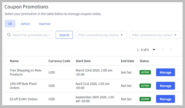 Promotion Code Manager promotion list