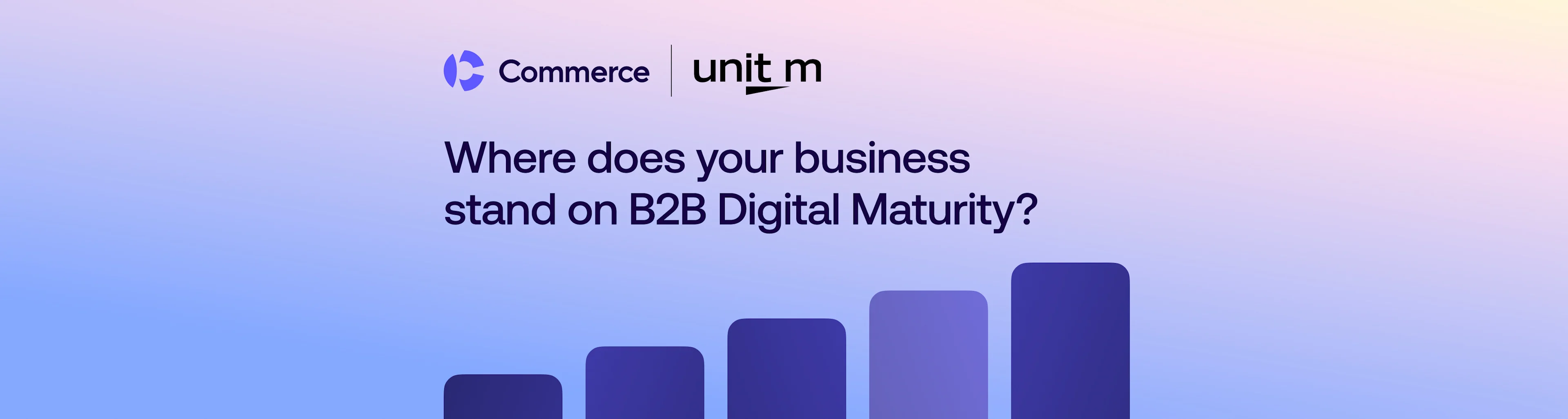 Commerce and unit m logos above text asking "Where does your business stand on B2B Digital Maturity?" with ascending purple bar chart on gradient background.