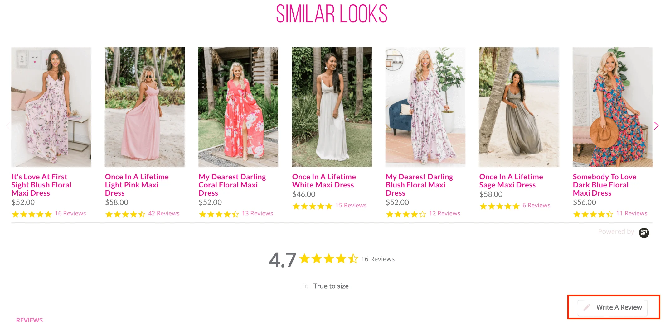 Seven women modeling colorful maxi dresses with floral and solid prints, each dress name and price shown below.
