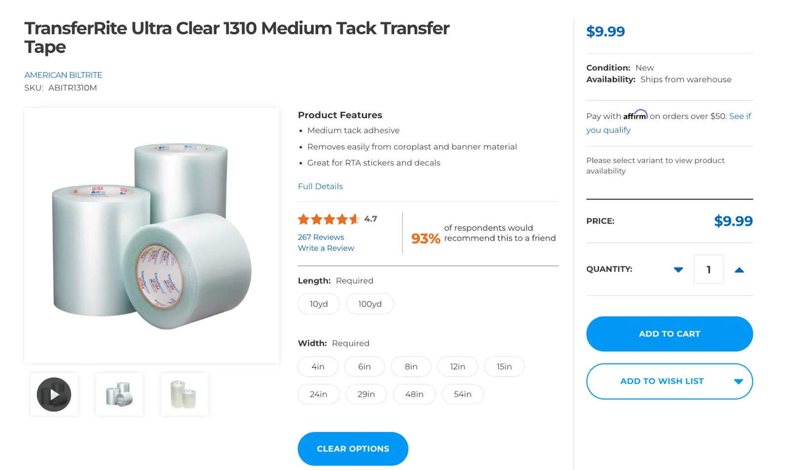 US Cutter product listing featuring ultra clear medium tack tape