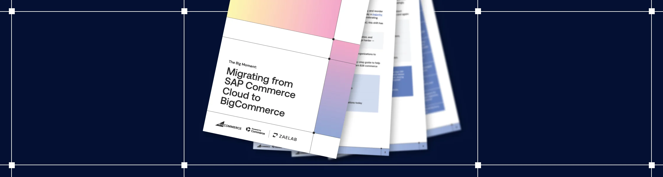 White document titled Migrating from SAP Commerce Cloud to BigCommerce with colorful gradient and fanned pages on navy background.