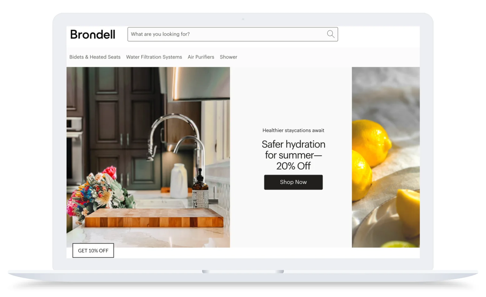 Laptop screen showing a kitchen sink, flowers, lemons, and a 20% off hydration sale ad with a "Shop Now" button.