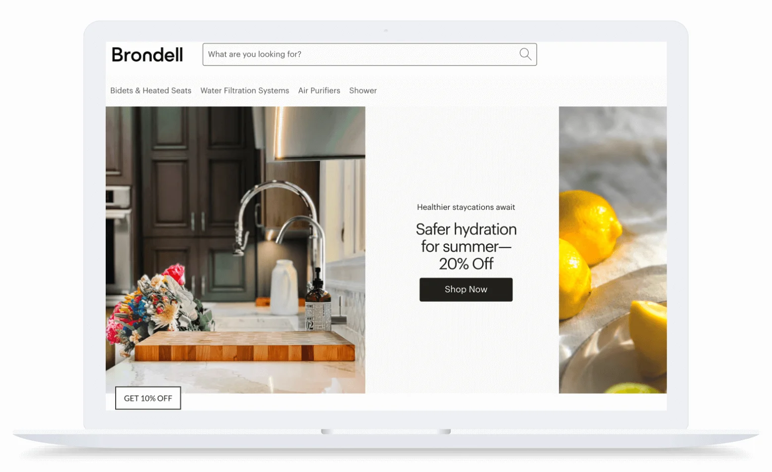 Laptop screen showing a kitchen sink, flowers, lemons, and a 20% off hydration sale ad with a "Shop Now" button.