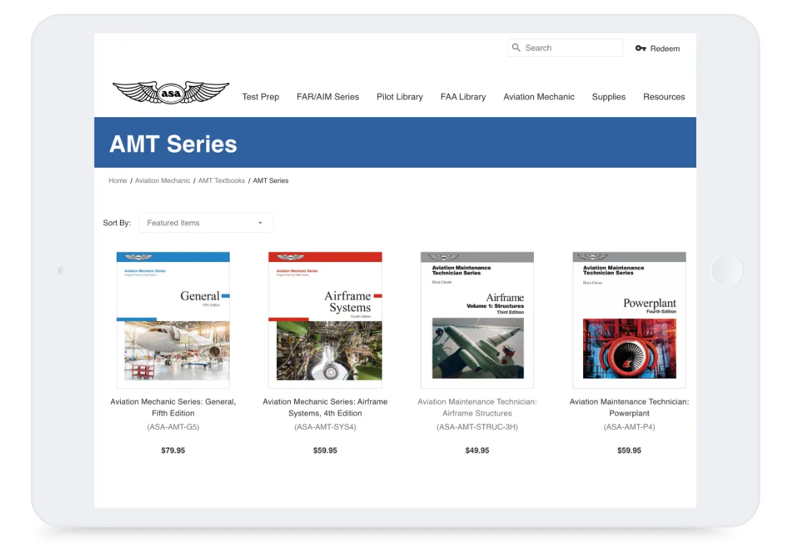 Tablet screen showing four aviation mechanic textbooks with aircraft images, titles, and prices on a white background.