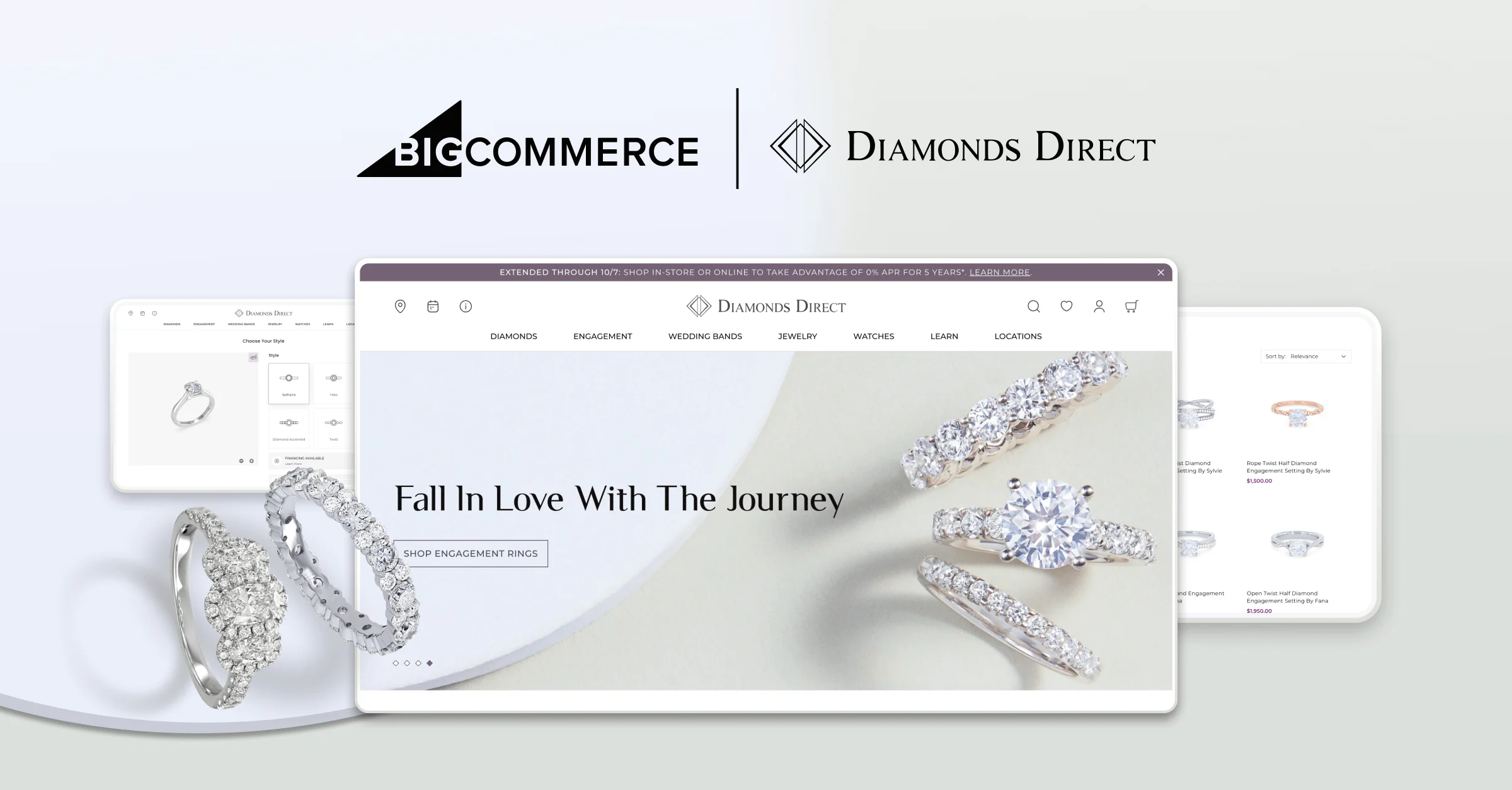 Diamonds Direct and BigCommerce logos above website screens showing diamond rings and jewelry on a light background.