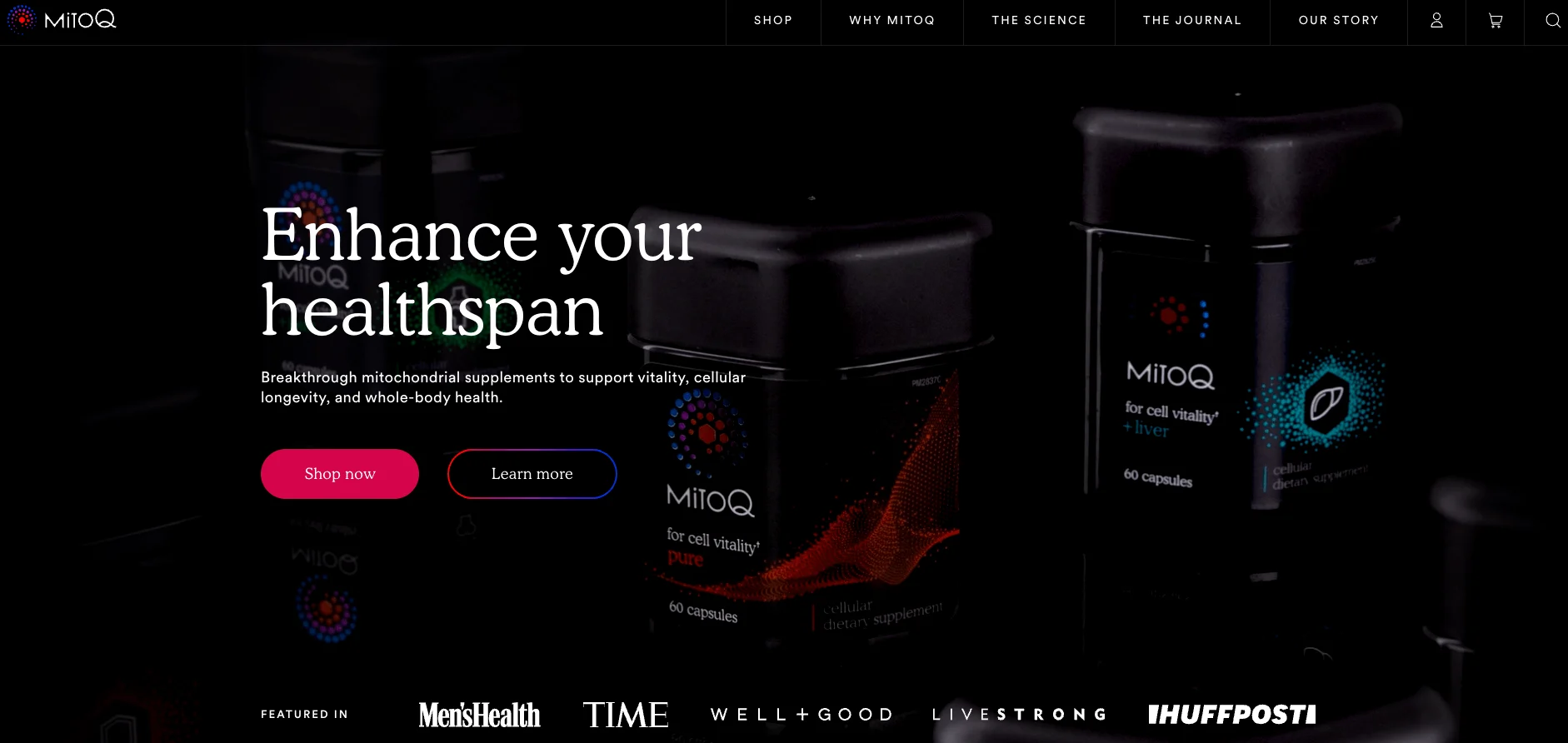 Black MitoQ supplement bottles with red and blue design elements against dark background, showcasing cellular health products