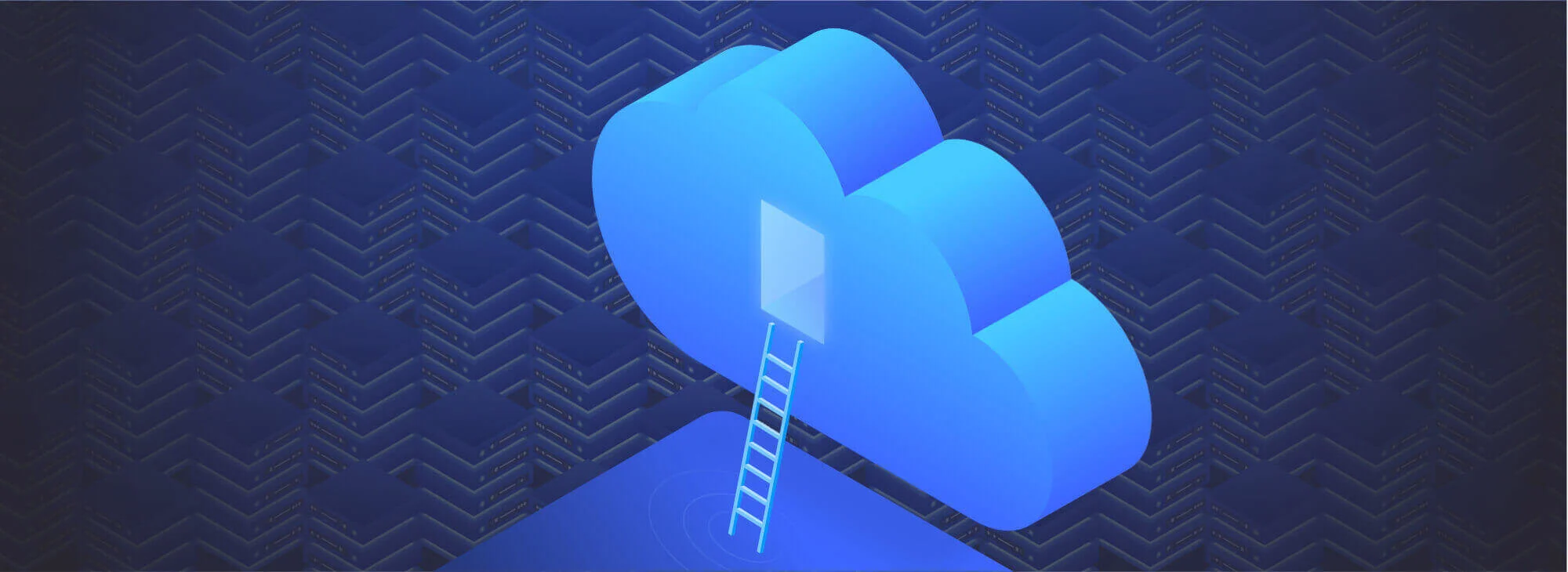 Blue cloud icon with a door and ladder, set against a dark background with a pattern of server racks.