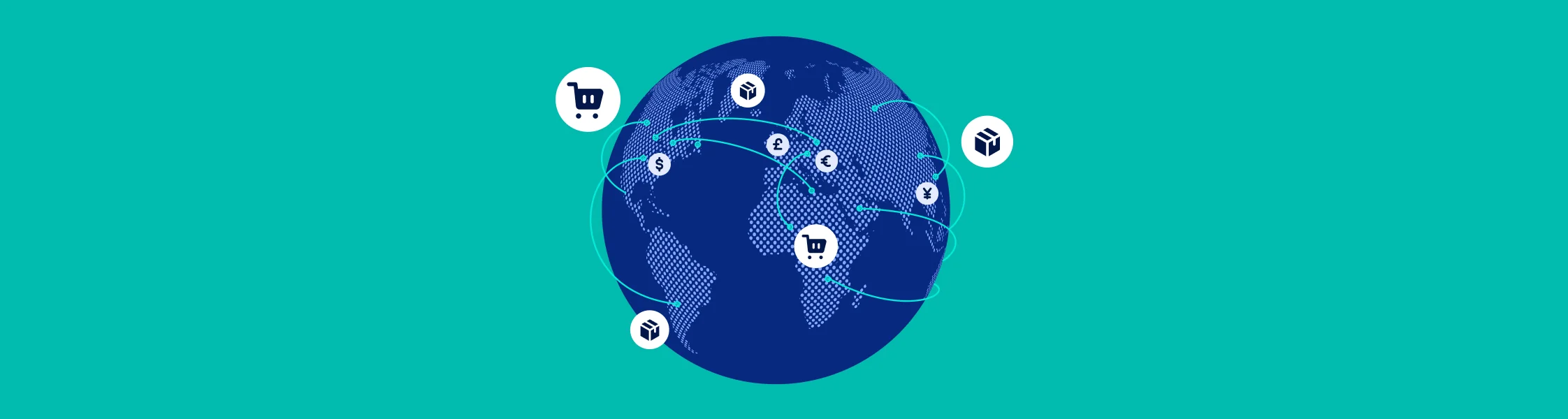 Blue dotted globe on turquoise background with white circular icons showing shopping carts, packages, and currency symbols.