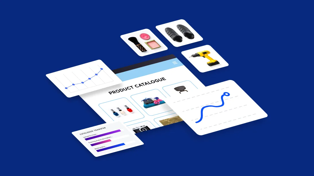 Digital product catalogue interface with multiple cards showing various items, graphs, and navigation elements on blue background.