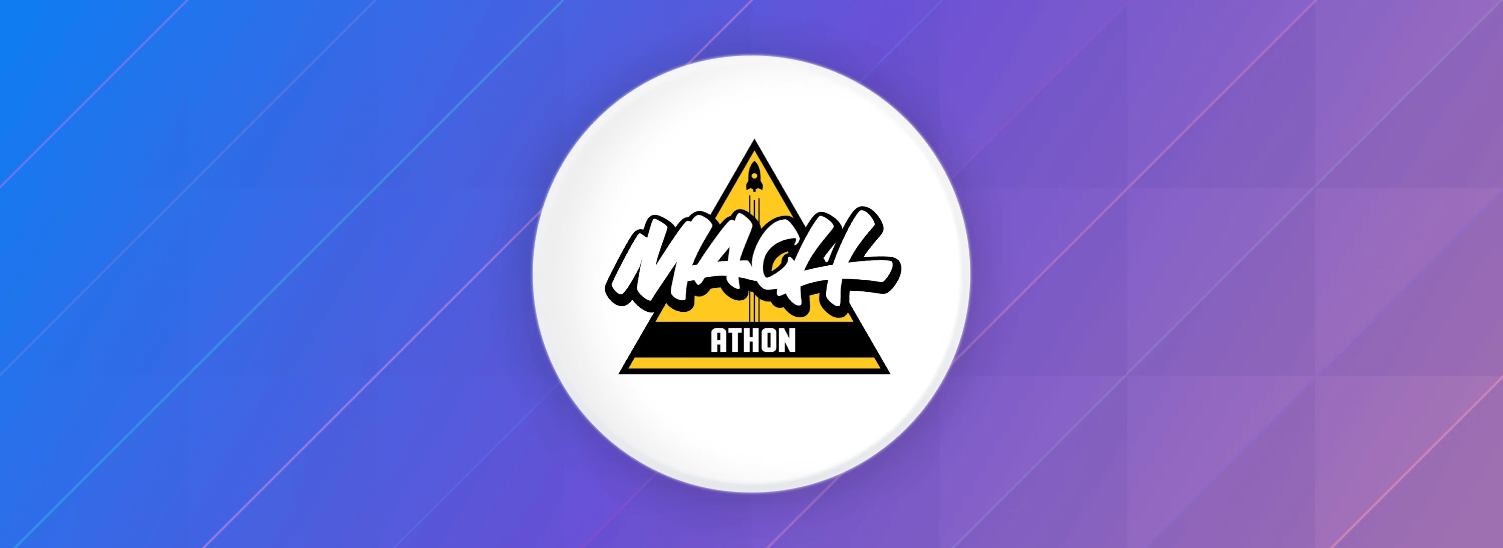 Yellow triangle logo with the words "MACH" and "ATHON" on a circular white background, blue and purple gradient backdrop.
