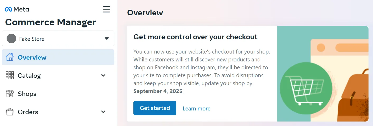 Screenshot of the banner a Meta user sees in Meta Commerce Manager alerting them that they need to update their checkout to use website checkout moving forward.