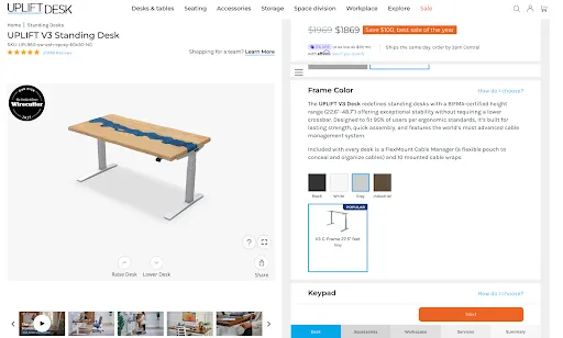 UPLIFT Desk desk builder product configurator with customizable desktop, frame color, and accessories