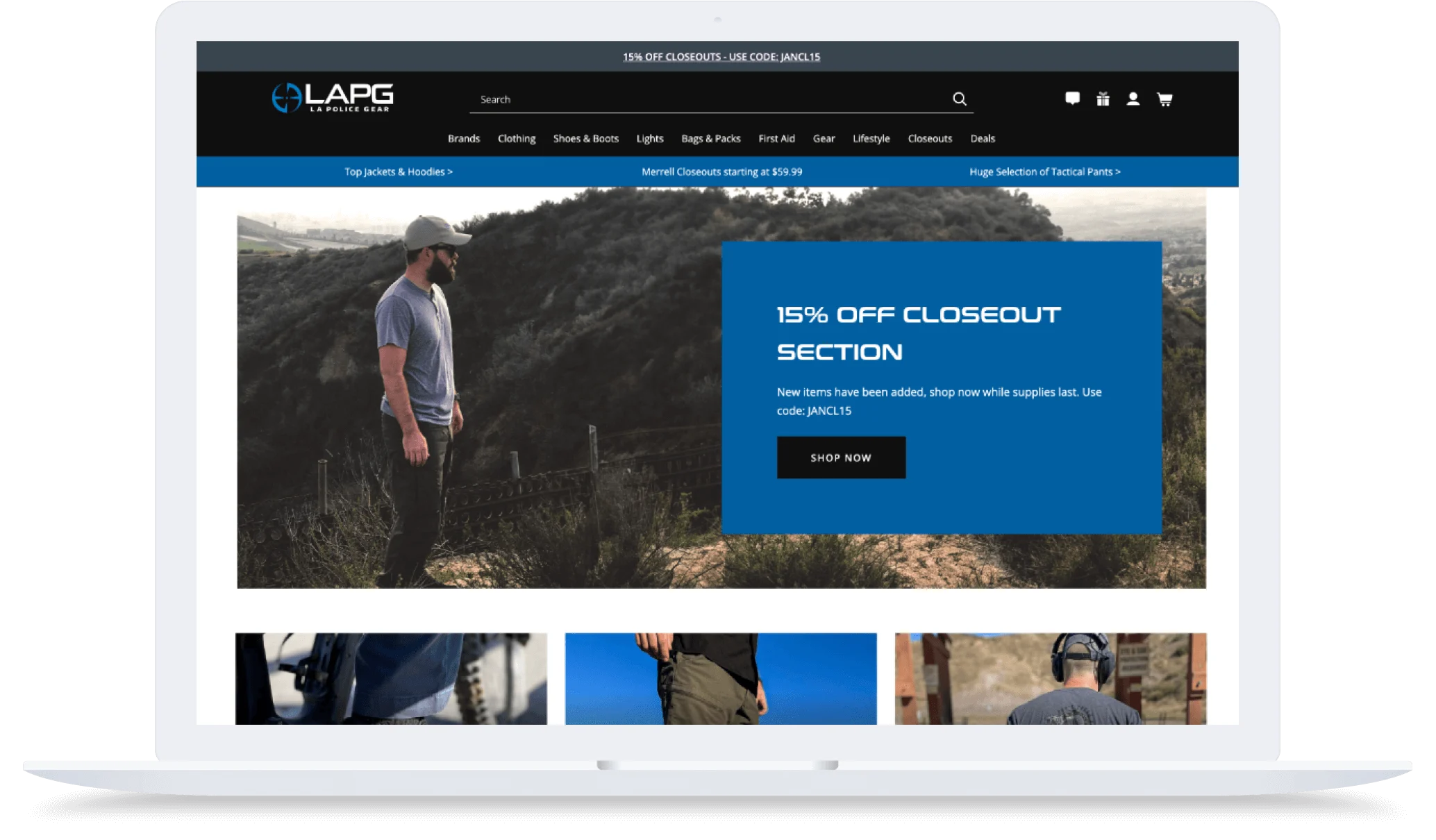 Laptop screen displaying the LAPG website with a man outdoors and a blue 15% off closeout sale banner.