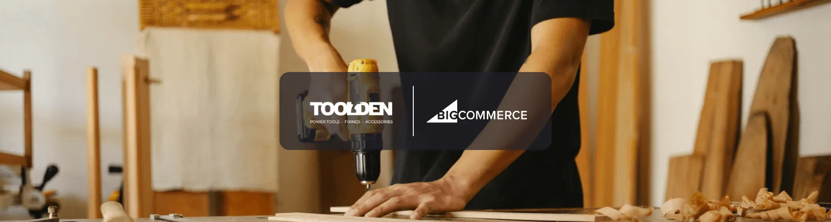 Toolden power tools kit builder on BigCommerce featuring branded overlay and drill in workshop setting.