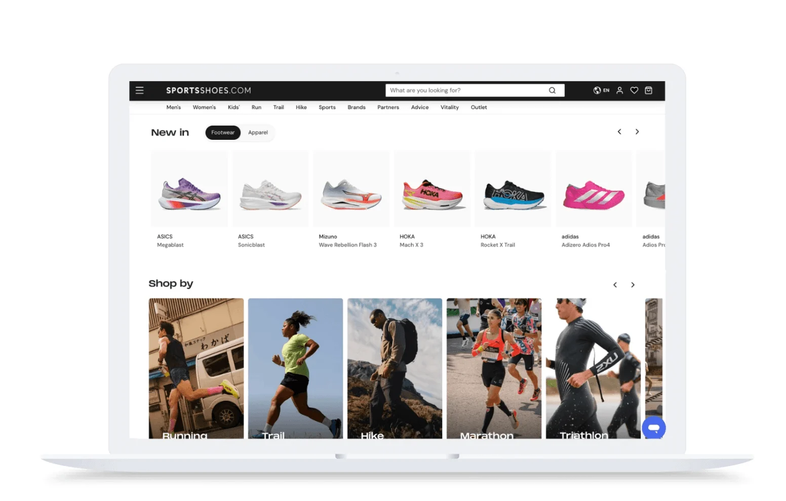 Ecommerce website design for SportsShoes.com featuring a product grid of premium running shoes and lifestyle category images for Running, Trail, and Hike.