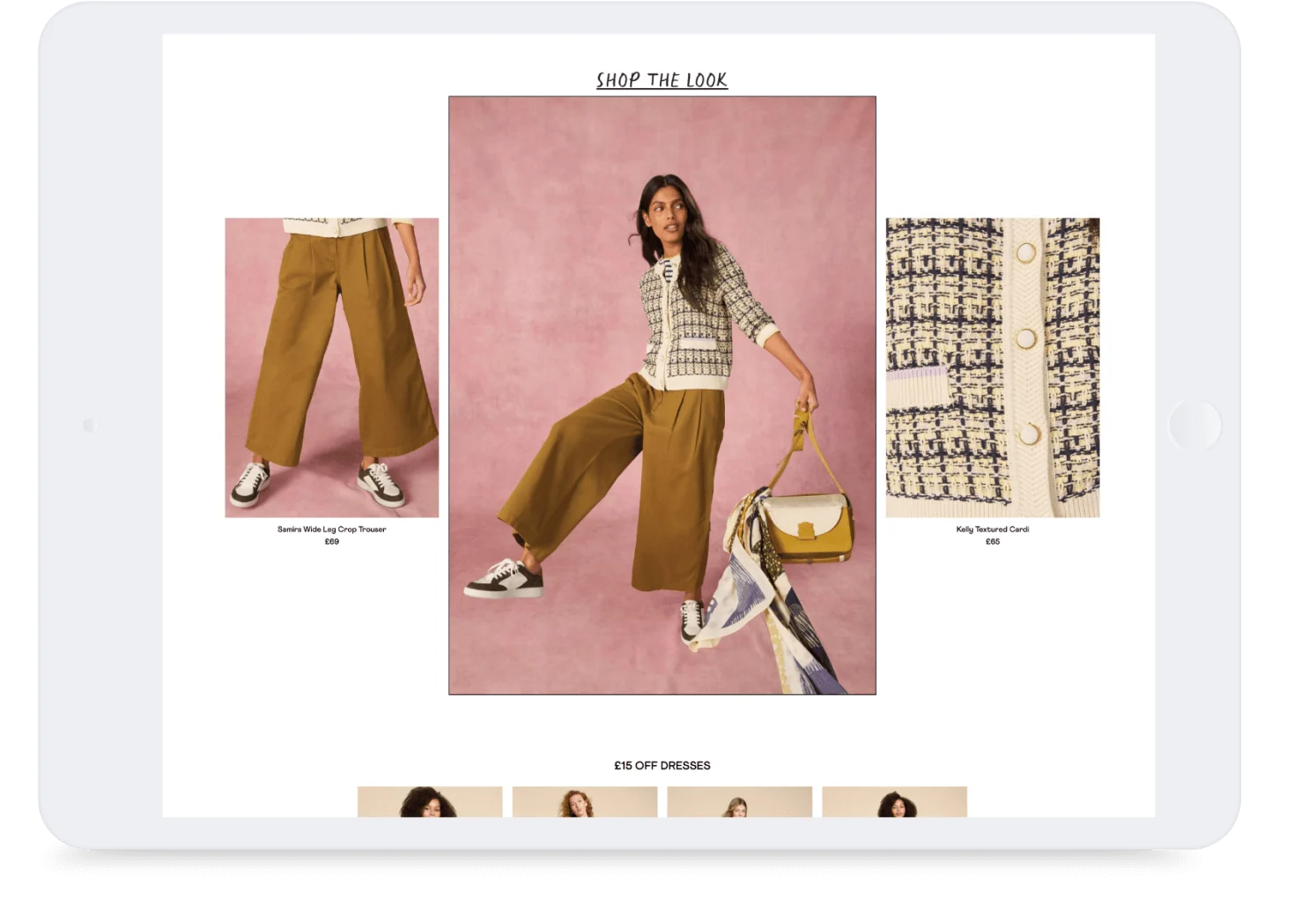 Tablet screen displaying White Stuff's "Shop the Look" page featuring a model in Holly Textured Cardi and Sandra Wide Leg Crop Trousers.