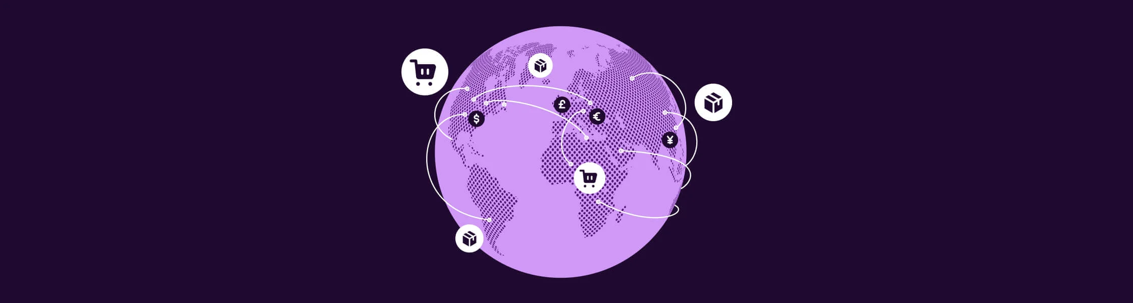 Purple globe with orbiting lines and icons for shopping carts, packages, and currency symbols, suggesting global commerce