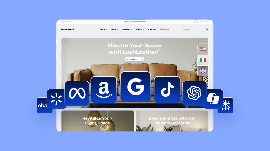 Furniture e-commerce website mockup with social media icons overlay on light blue background showing leather sofa collection.