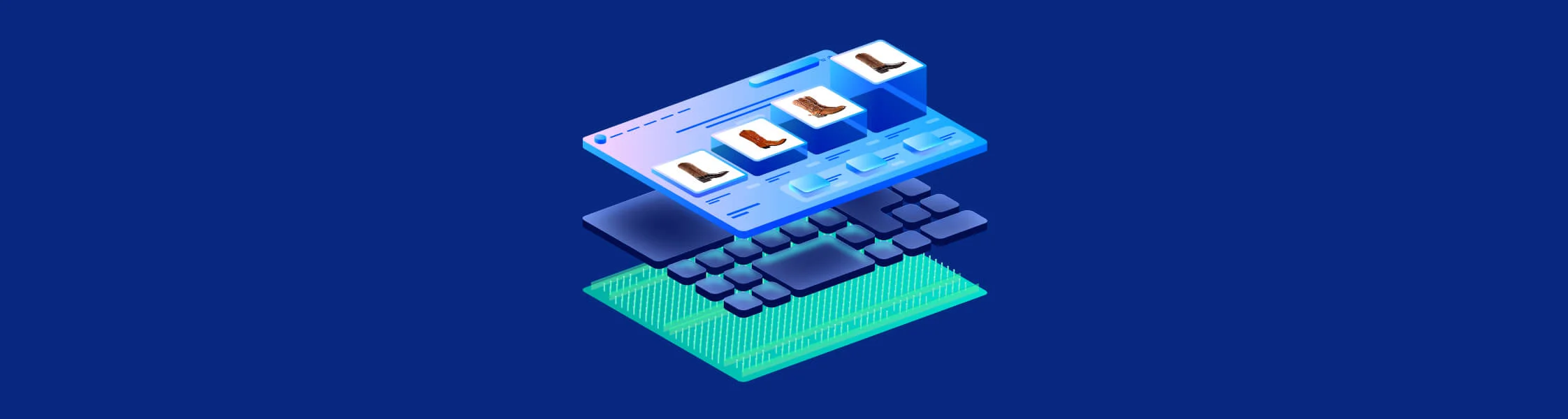 An isometric layered commerce stack showing storefront UI above orchestration and infrastructure layers, on a dark blue background.