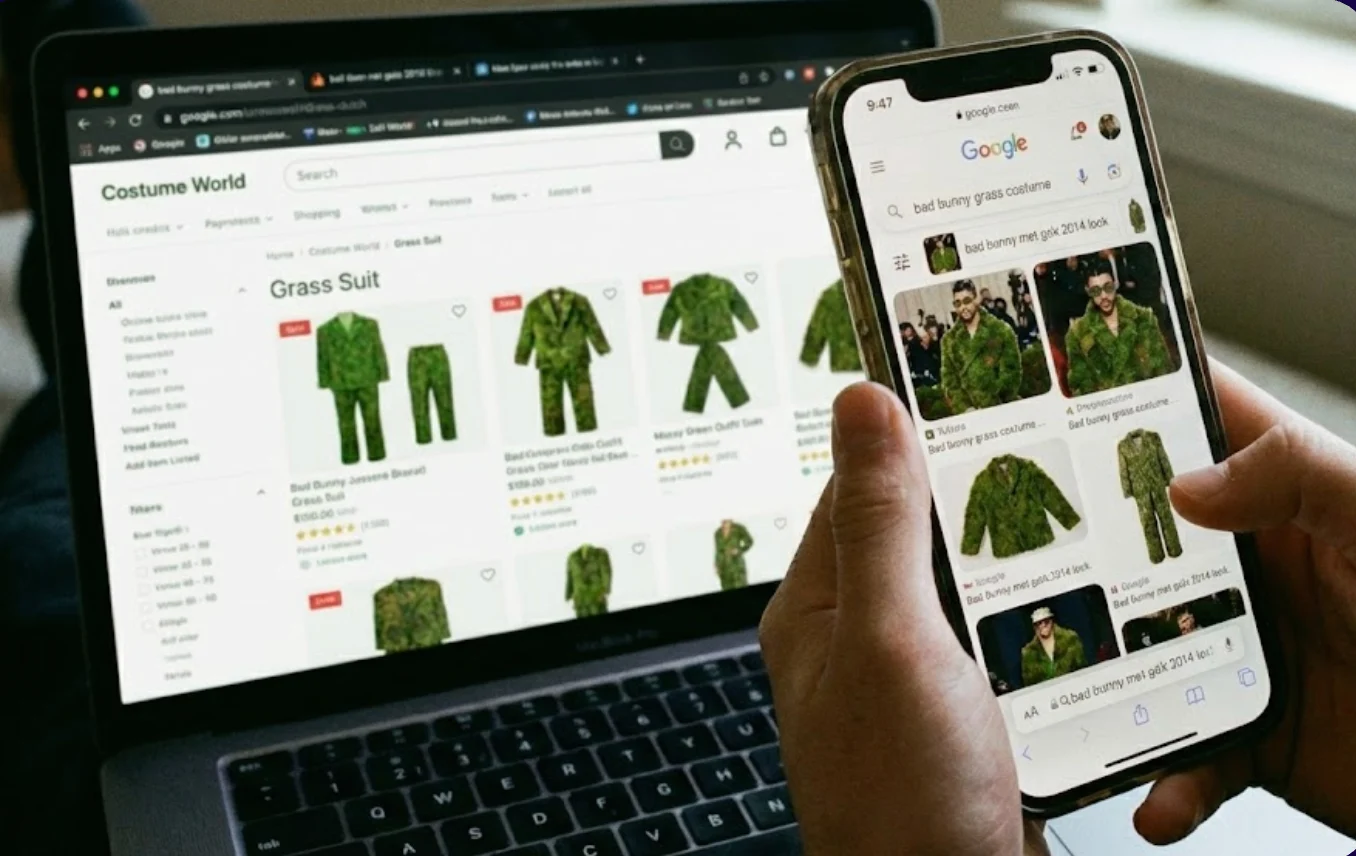 Comparison of mobile search results and desktop product page for a Bad Bunny grass suit costume.