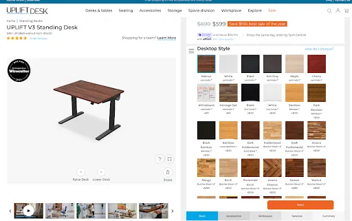 Desk customizable desk configurator displays multiple desktop variants