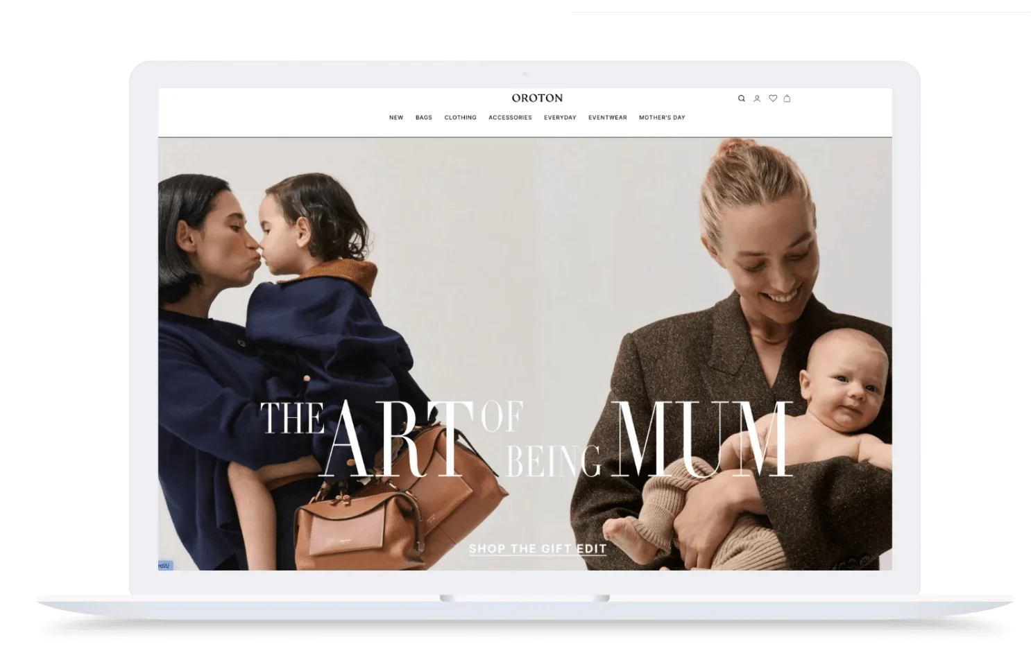 Luxury fashion website mockup for Oroton featuring a Mother's Day campaign titled "The Art of Being Mum" with lifestyle imagery of mothers and children.