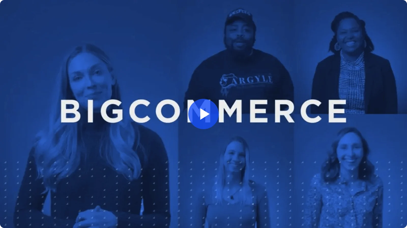 Five people smiling in a blue-tinted collage with the word BIGCOMMERCE in large white letters across the center.