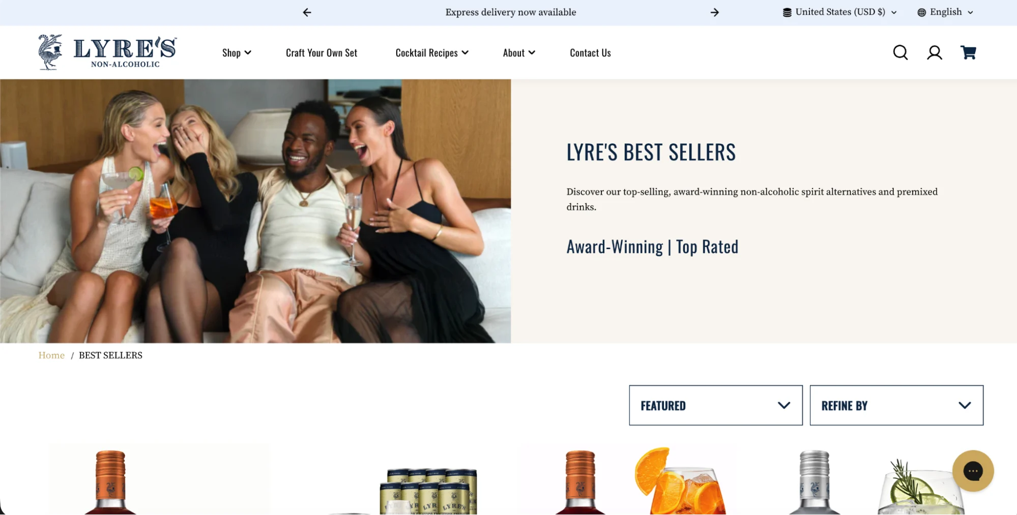 Diverse group of people drinking award-winning non-alcoholic spirit alternatives and premixed drinks from Lyre's.