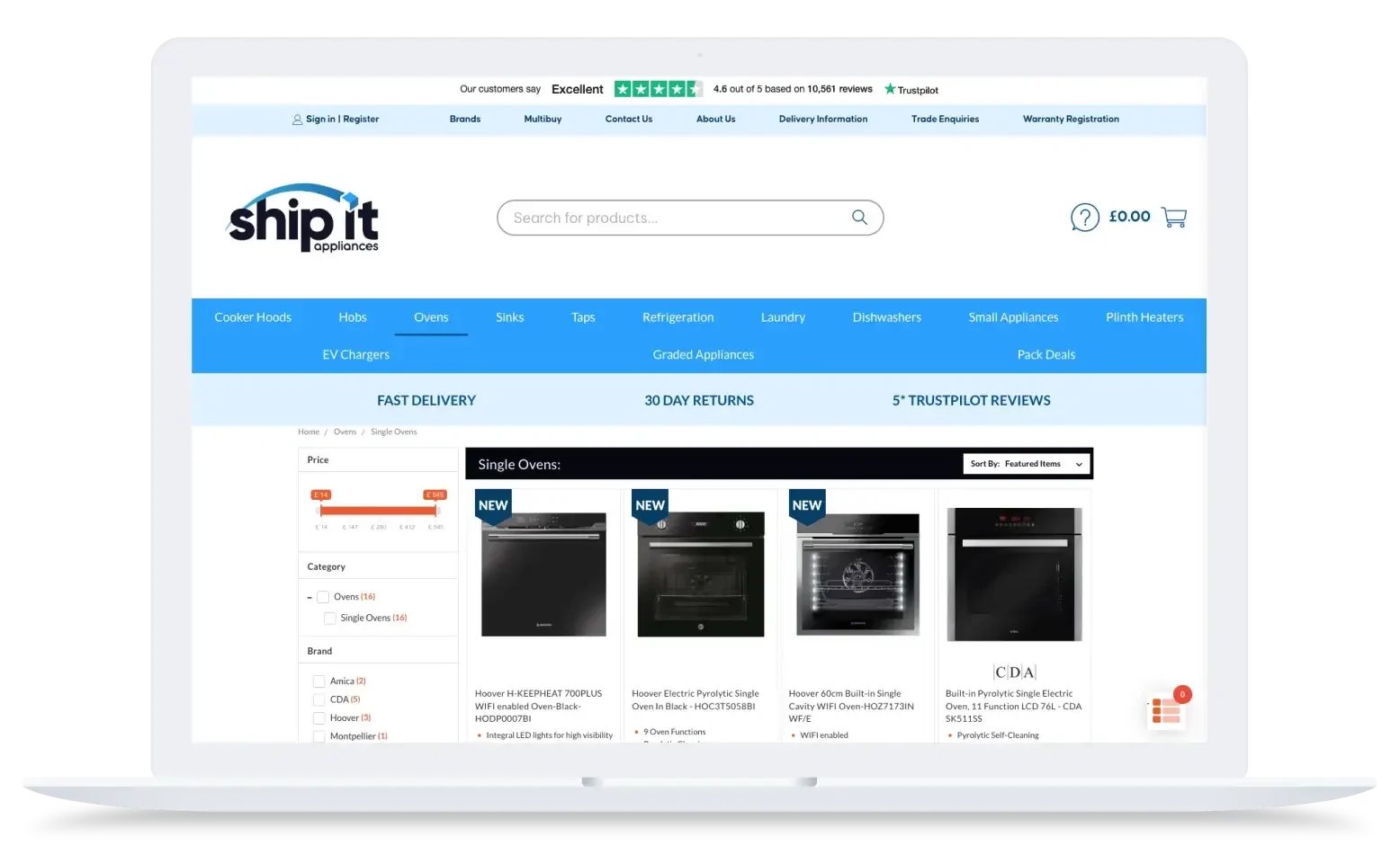 Ship It Appliances website displaying single ovens category page with product listings and filter options on the left.