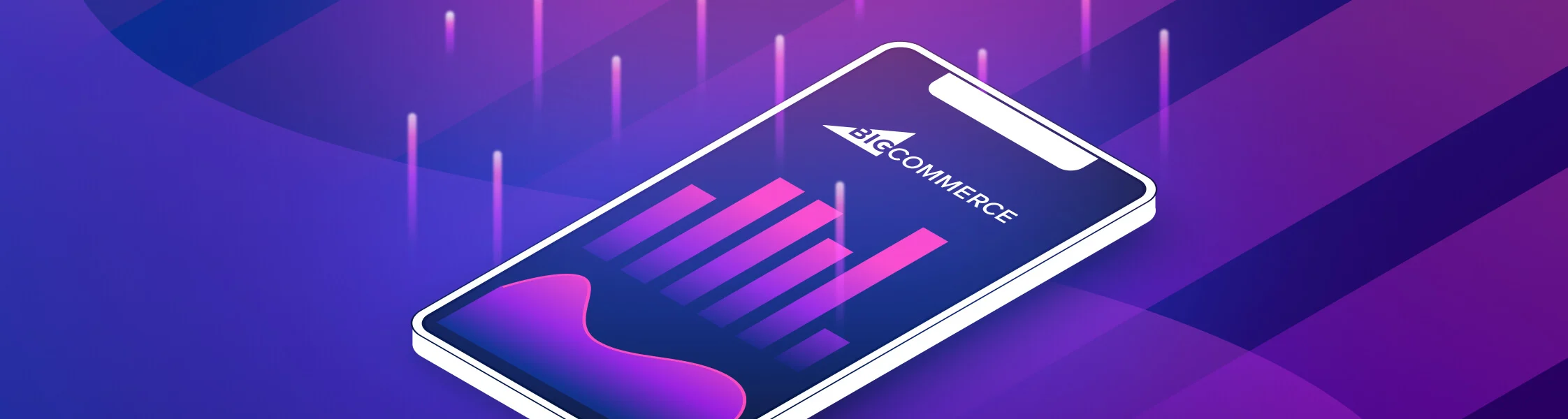 BigCommerce mobile app interface displaying pink and purple data analytics charts on a smartphone screen.