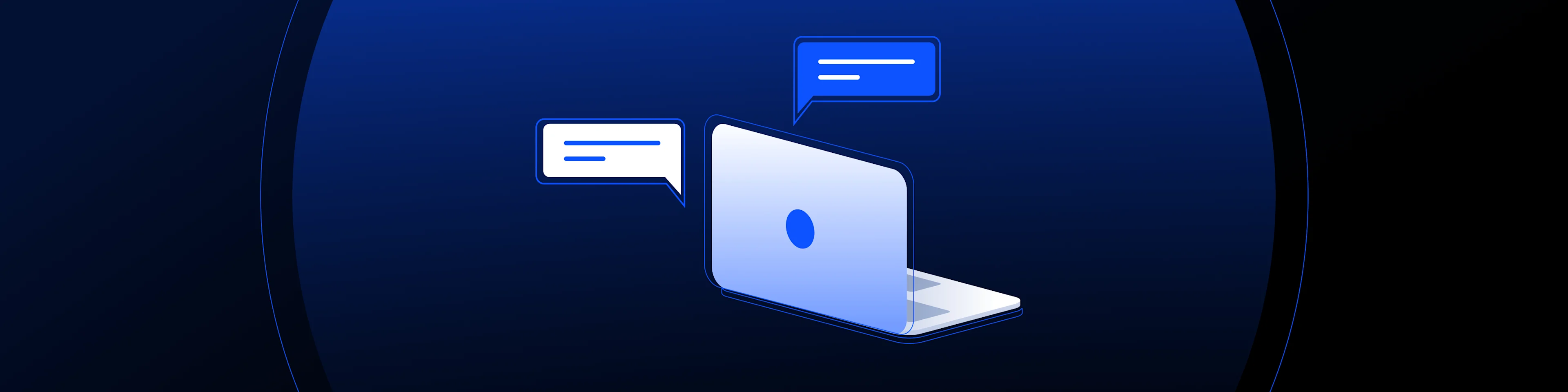 Isometric illustration of an open laptop with chat bubbles on a dark blue background, symbolizing customer support or communication.