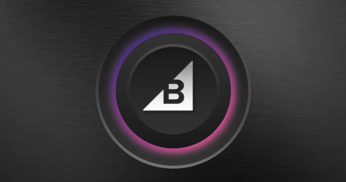 Black circular button with a white "B" logo in the centre, surrounded by a purple and pink glowing ring on a dark background.