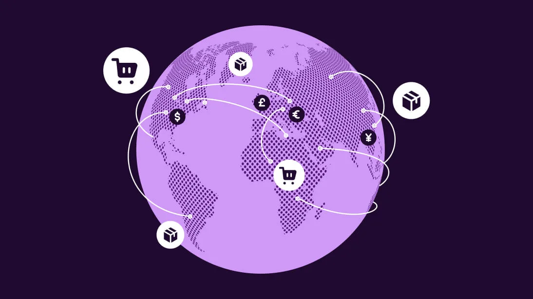 Purple globe with white dotted continents, connected by lines with currency symbols, shopping carts, and package icons.