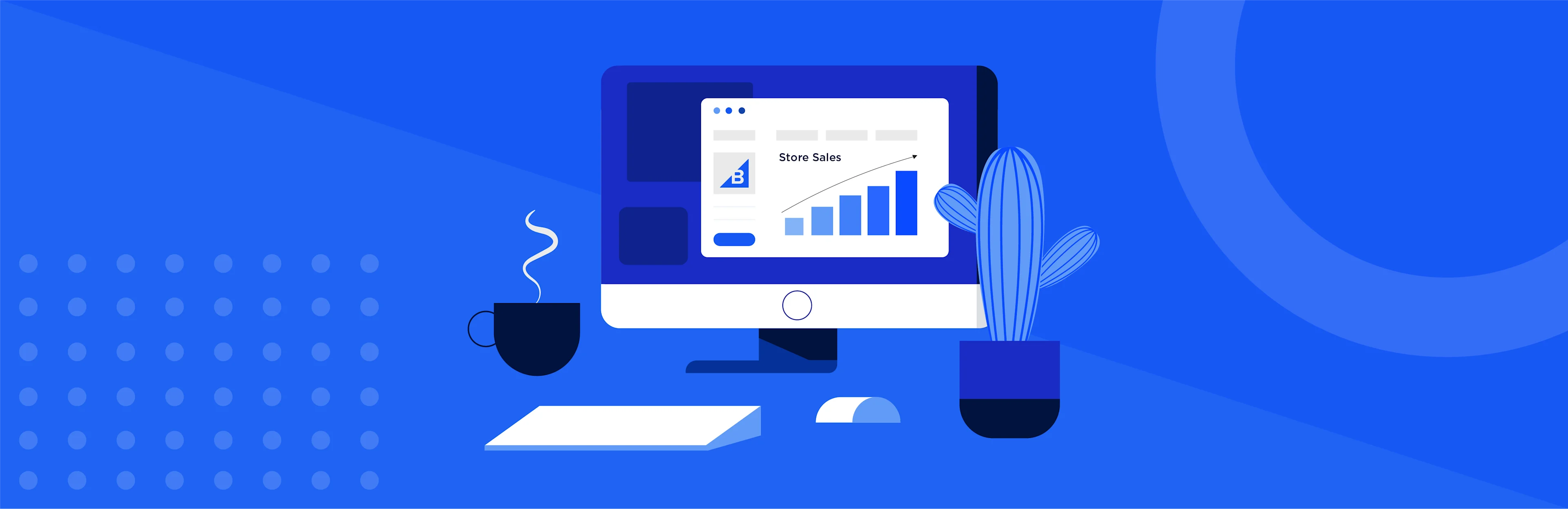Blue-themed illustration of a desktop monitor displaying a "Store Sales" bar chart with a rising growth arrow.