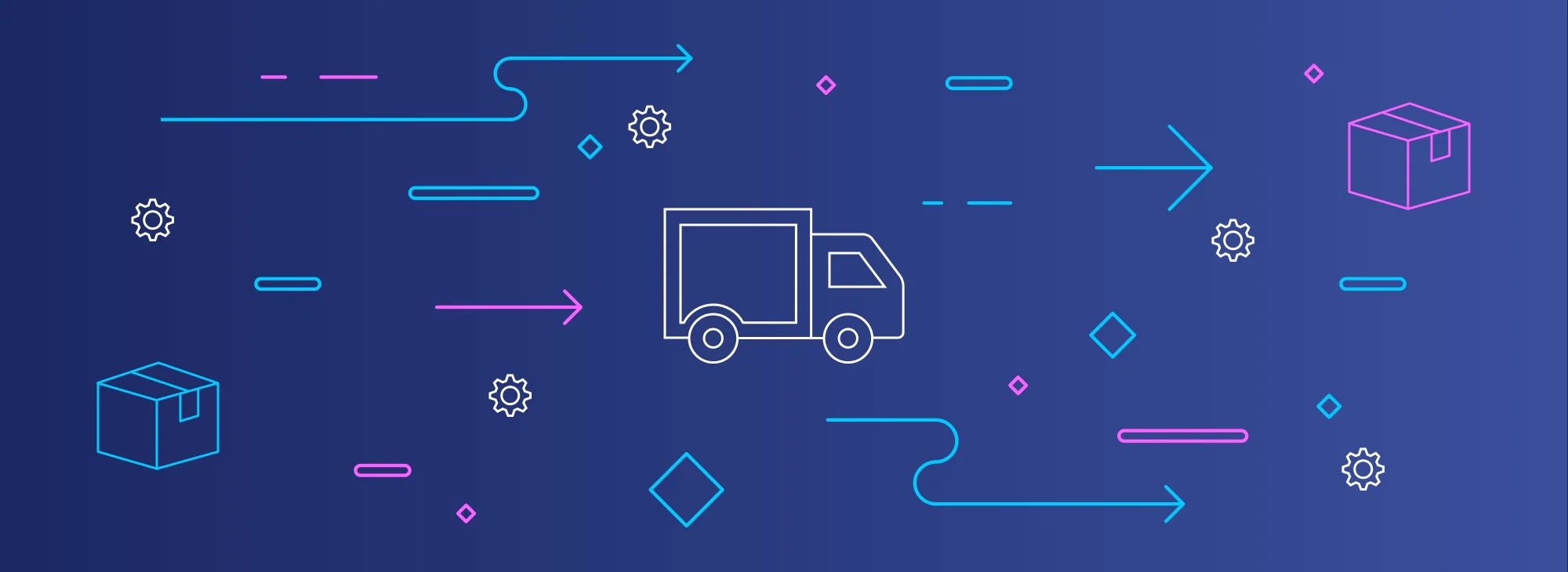Outline of a delivery truck with boxes, gears, and arrows on a blue background, symbolizing shipping and logistics.