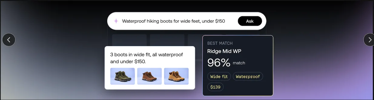Search interface showing query for waterproof hiking boots under $150, displaying 3 boot options and a 96% match result.